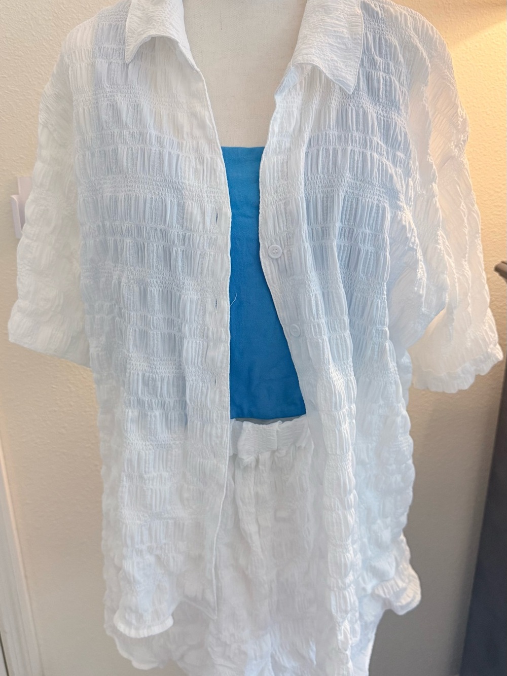 Nordstrom White Textured Button-Up Shirt with matching shorts